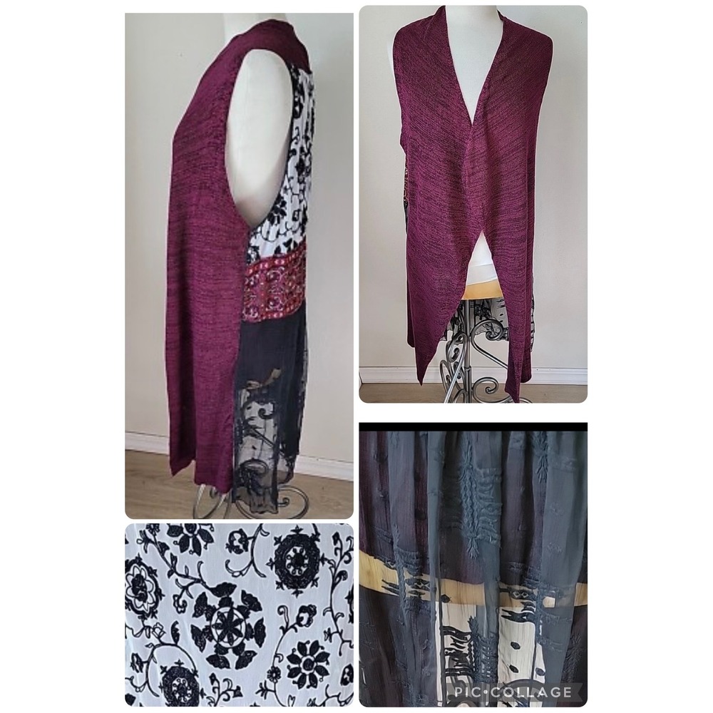 JOHN‎ MARK Womens Burgundy Black Floral Lace Duster Vest Cardigan XL